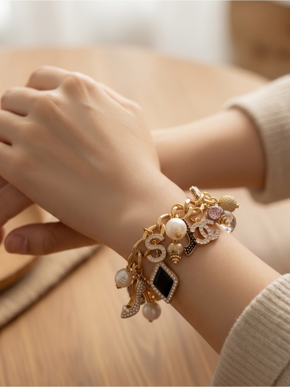 Gold Charm Link Bracelet with Pearls - Women Jewelry W/ designer Finds☑️
